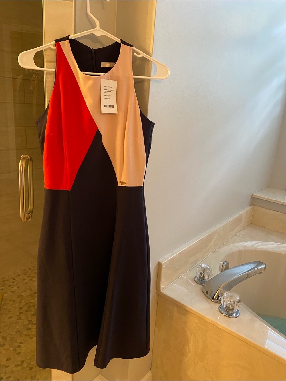 SLNY Navy, Red & Blush Sleeveless Colorblock A-Line Dress